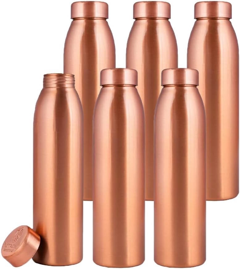 NORMAN JR, Copper Water Bottle 1L - Gift Box of 6, Plain, an Ayurvedic vessel made from pure copper - helps you drink more water, with many health benefits Pack of 6 Plain-34Oz