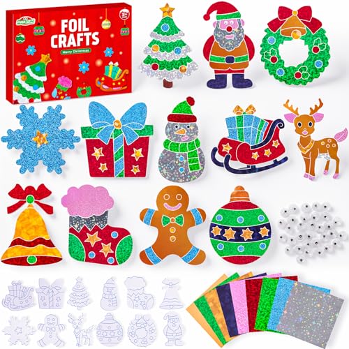 Max Fun Christmas Foil Craft for Kids Foil Art Crafts Creative Activity DIY Foam Stickers Craft Kits for Party Supplies Xmas Favors
