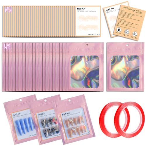 202pcs Press on Nail Packaging Bag 100pcs Empty Holographic Nail Storage Bag and 100pcs Instruction&Display Black Cardboard with 2 Roll Transparent Tape for Nail Display Profession Salon(Pink 100)