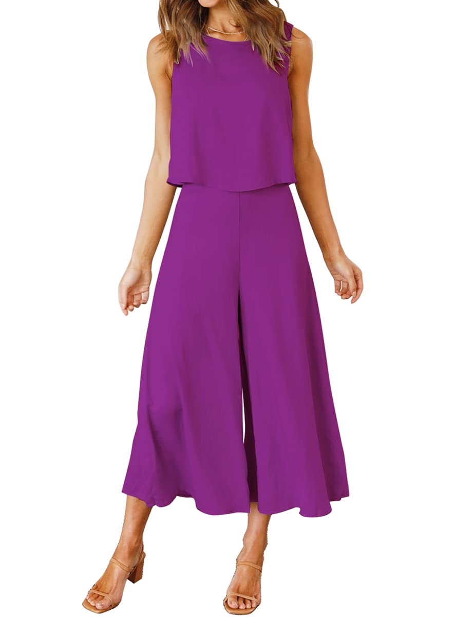 Women's Summer 2 Piece Outfits Round neck Crop Basic Top Cropped Wide Leg pants Set Jumpsuits-image-38