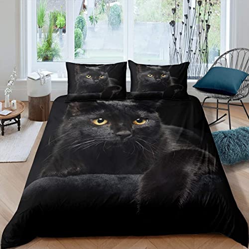 Loussiesd Katze Haustier Katzen Muster Bettw?sche Set 135x200cm Nettes K?tzchen Bettbezug Set für Kinder Leicht Mikrofaser Betten Set Geheimnisvoll Schwarze Katze Dekor