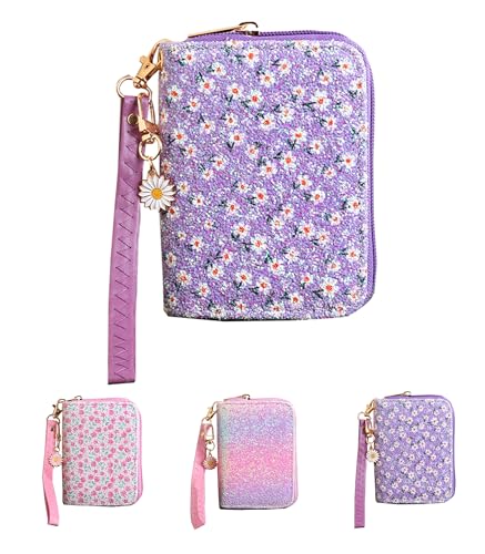 AACKS Carteira de flores com alça para meninas, bolsa de moedas, pequena e fofa, carteira para meninas adolescentes com bolso para moedas, carteira de cerejeira, Flor branca roxa, Carteira dobrável