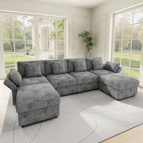 Lekvvied Sofá modular de 6 plazas, sofá esquinero convertible en U/L con reposabrazos ajustables y 2 pufs, sofá Cloud con 4 cojines y 2 reposacabezas, sofás modulares acolchados, chenilla gris
