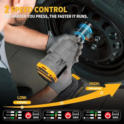 Image of STARQ Heavy Duty 21V Cordless Impact Wrench with 2 Batteries 2 Variable Speed Build-In LED Lights Forward & Reverse Switch Yellow