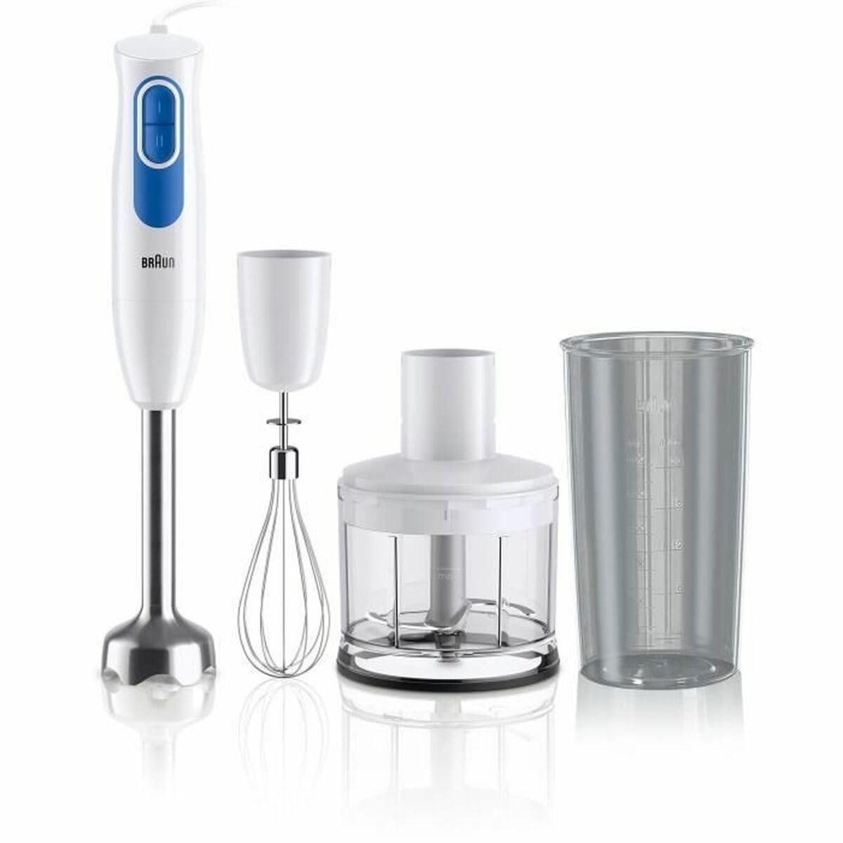 Braun MultiQuick 2 - Mixeur plongeant avec mini hachoir et fouet pour soupes, smoothies et purées bébé, 2 vitesses, verre doseur, 600W, Blanc (MQ20236MWH)