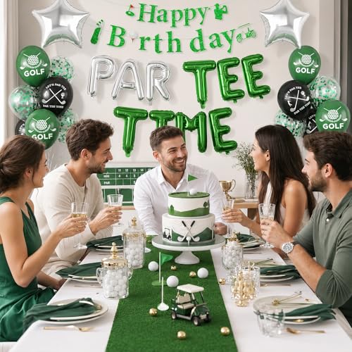 Image of Golf Birthday Party Decorations Let's Partee Time Golf Party Decorations | Happy Birthday Banner Golf Print Balloons Silver Star Foil Balloons for Men Boys Sport Themed Party Supplies