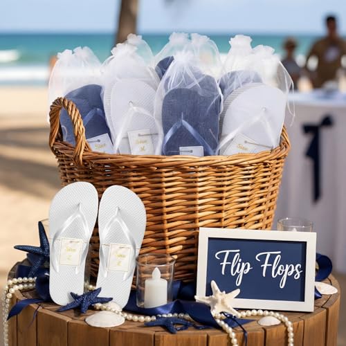 Image of Unittype Flip Flops Bulk for Wedding Guest Slippers Wedding Flip Flops with Cards Bags for Pool Beach Party