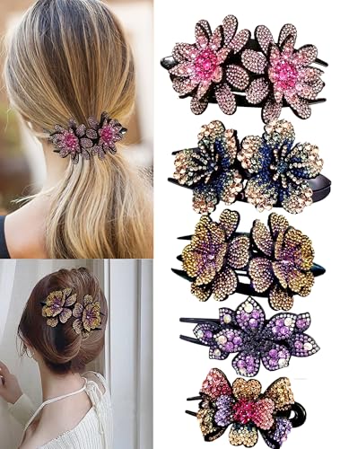 5 Pcs Double Flower Rhinestone Hair Clips fancy decorative hair c...