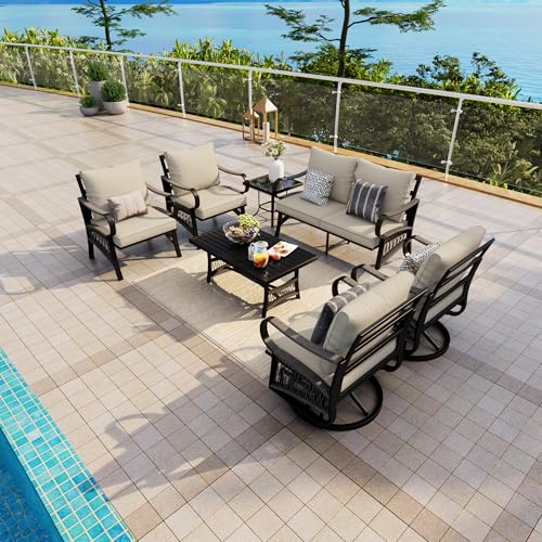Image of 7 Pieces Patio Conversation Sets, All-Weather Metal Swivel Rocking Chairs with Rope Furniture Set, Outdoor Sofa Couch for Deck, Porch, Garden, Backyard, Poolside (Beige Cushions)