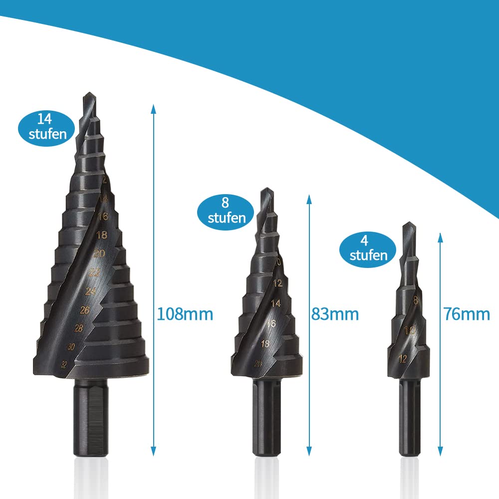 ERWEY 3 Pcs Punte Coniche 4-12/4-20/4-32mm, in Acciaio HSS, Fresa Conica Trapano a Gradini, Buco Cutter a Scalini per Eseguire Foro In Metallo Acciaio Ottone Legno Plastica Ferro