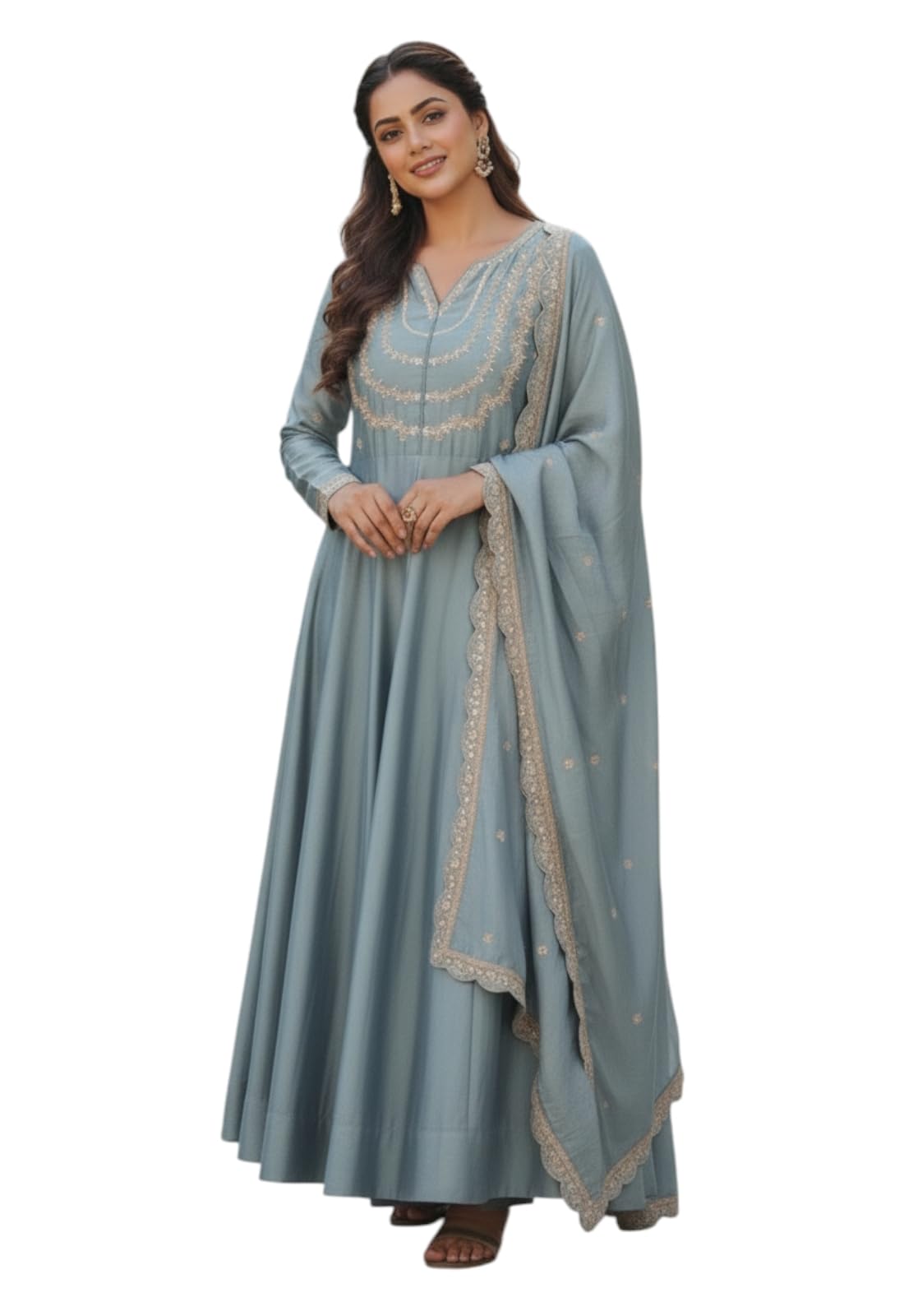 Yashika Women’s Blue Silk Blend Embroidered Anarkali Kurta with Dupatta | Full Length Ethnic Dress | Long Sleeves