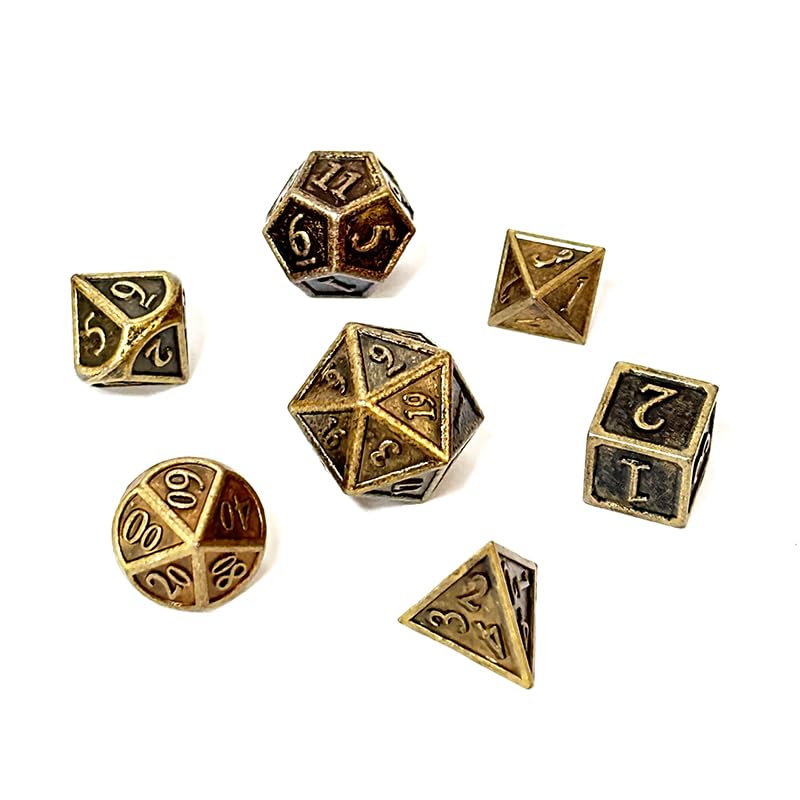 OEAYA 7 Pieces Metal DND Dice Set Retro D&D Polyhedral Dice with Flannel Bag for DND Dungeons and Dragons Role Playing Games (Bronze)