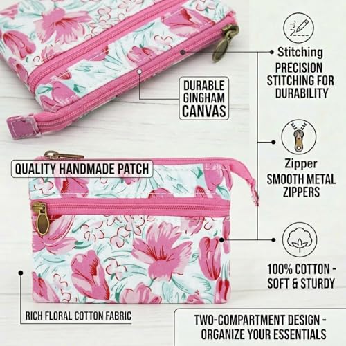 Image of Women Small Zipper Coin Purse, Handmade Fabric Flower Embroidered Change Pouch, Cotton Double Zipper Wallet