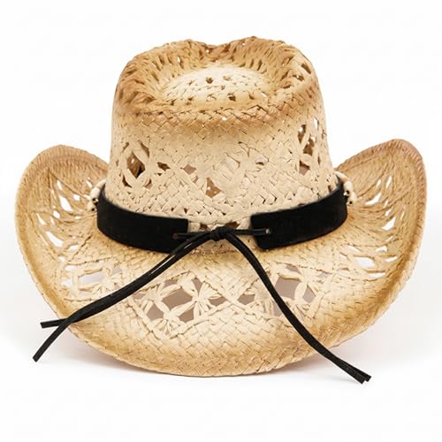 Image of TOVOSO Straw Cowboy Hat for Women and Men with Shape-It Brim, Western Cowboy Hat, Orange /Beads - Tea Stain