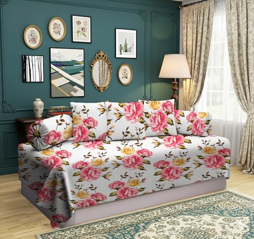 Image of IVAZA 240 TC Soft Ezyption diwan Cover Set Cotton 6 Pieces Designer Printed Standard diwan Cover Set (1 Single Bedsheet, 2 Bolster Covers, 3 Cushion Covers) Pink White