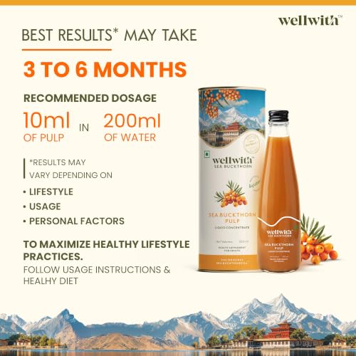 Image of Wellwith by Ayuzera Himalayan Sea Buckthorn Pulp 300ml | Cold Pressed Seabuckthorn Juice | Rich in Vitamin C, Omega 3 6 7 9 & Antioxidants | Supports Immunity, Skin & Gut Health