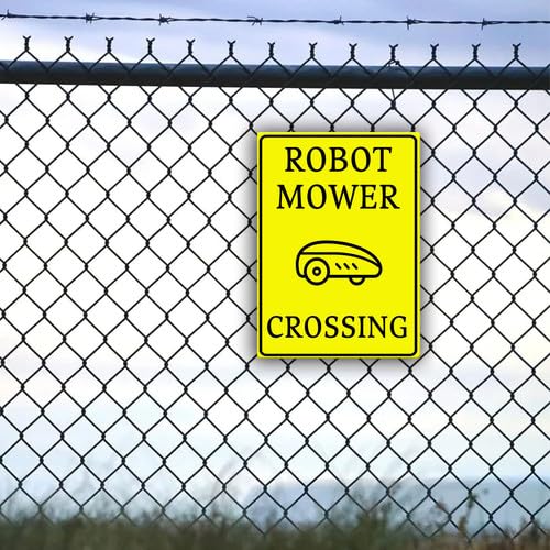 Cartello in metallo giallo con robot tosaerba, cartello di avvertimento giallo robot tosaerba decorazione di attenzione per recinzione prato giardino strada, 20 x 30 cm, robusto alluminio antiruggine