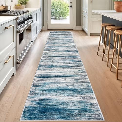 KOZYFLY Modern Abstract Kitchen Runner Rug, 2x12 Washable Rug Runner Non-Slip Soft Striped Hallway Runner Rugs, Light Blue Print Distressed Carpet Runner for Entryway Bathroom Laundry Room Foyer