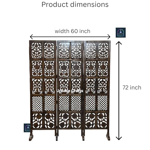 Image of Wooden Room Partition /Screen /Room Divider /Room Separator Burnt Wood Finish (Hand Buffing) Frame Traditional Handicrafts 6Ft Height (3 Panel with Stands)