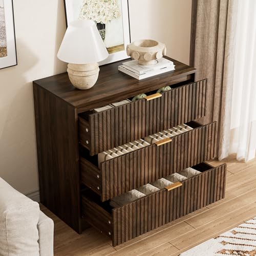 Image of Furniway 31.5 inch Large Nightstand with 3 Drawers, Fluted Bedside Table, Modern Tall End Table with Storage, Wood Night Stand Organizer Cabinet for Bedroom, Walnut
