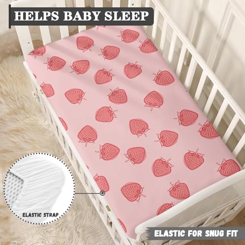 Image of Strawberry Baby Crib Sheets for Boys Girls Pink Fitted Crib Sheet for Standard Crib and Toddler Mattress Cute Baby Mattress Sheets Toddler Bed Sheet 52x28x8 in