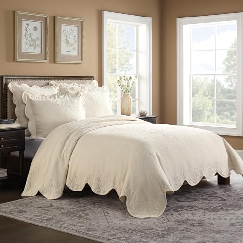 Charleston Estate Modern Farmhouse Floral Matelasse Decorative Pillowcase with Scalloped Edges, 100% Cotton Breathable Bedding, Euro Sham (26" x 26"), Ivory Floral