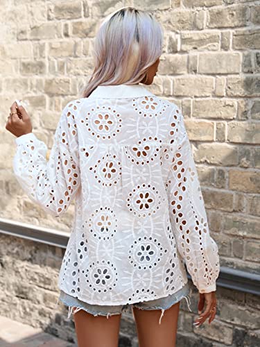 Verdusa Women's Long Sleeve Collar Floral Eyelet Embroidery Button Front Semi Sheer Blouse Shirt2