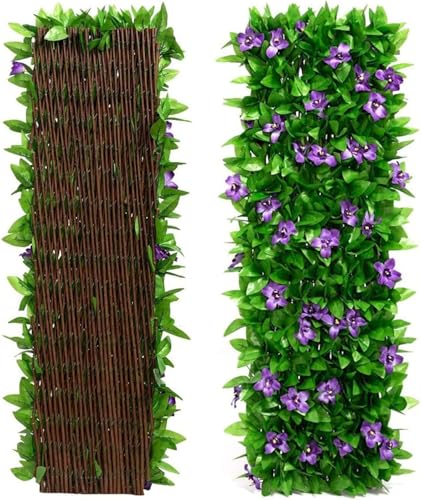 Qisino Künstlicher Efeuzaun und lila Blumen erweiterbare Gartengitterplatten für Balkon Terrasse Außenbereich dekorative Efeuzaunpaneele künstliche Efeu Hecken (1)