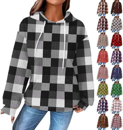 Oversized Hoodies for Women Waffle Knit Plaid Sweatshirts with Pockets Loose Fit Long Sleeve Knitted Pullover Tops