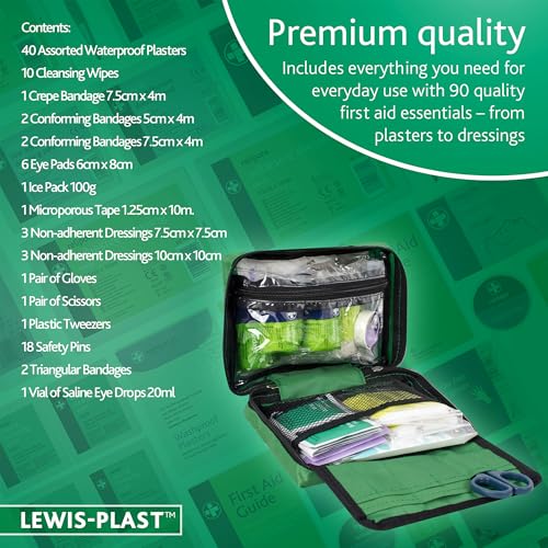 Lewis-Plast Premium Erste-Hilfe-Set mit 90 Teilen - Enthält Augenspülung, 2 x Kälte (Eis) Packungen und Notfalldecke für Zuhause, Büro, Auto, Wohnwagen, Arbeitsplatz, Reisen - Grün