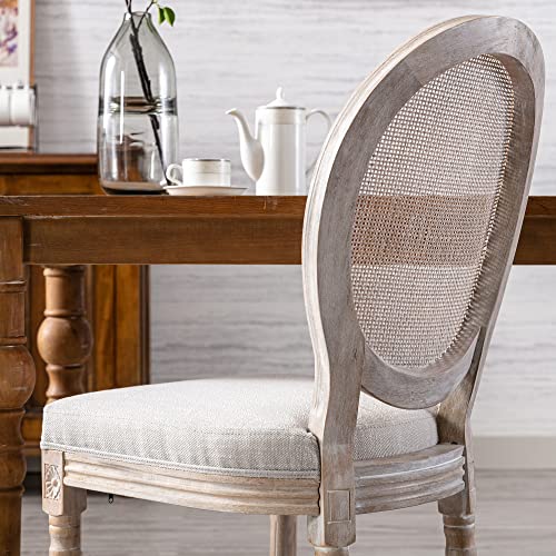 Chairus Farmhouse Dining Chairs Set Of 2, Round Rattan Back French Country Dining Room Chairs Vintage Fabric Upholstered Chair With Rustic Wood Legs, Beige 2 Pcs #TOP2