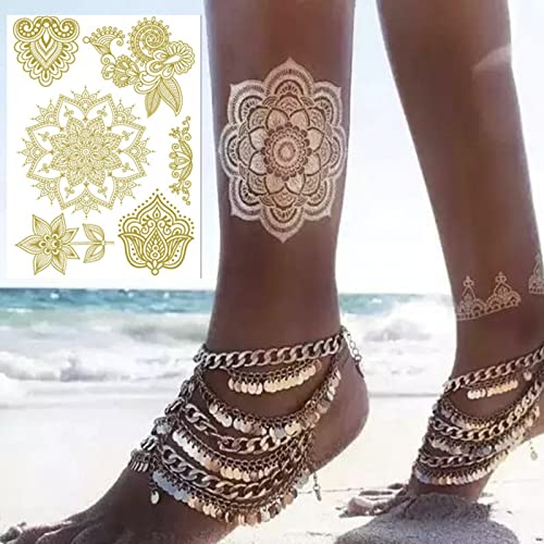Nirbffo Datura Flower Tattoo Party Body Arm Art Fake Flash Tatoos Gold Metallic Tattoo Sticker Waterproof Temporary Tattoo Sticker Flowers Mandala Rose 6 Sheets - Image 2