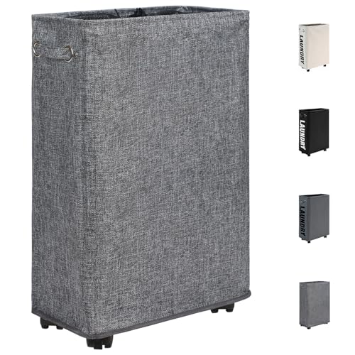 DOKEHOM 25-Inches Slim Cesta de Lavandería con Ruedas, Cesto de Lavandería Colapsable con Ruedas, Cestos Estrechos Para Almacenamiento de Ropa en Esquina (Gris Lino)