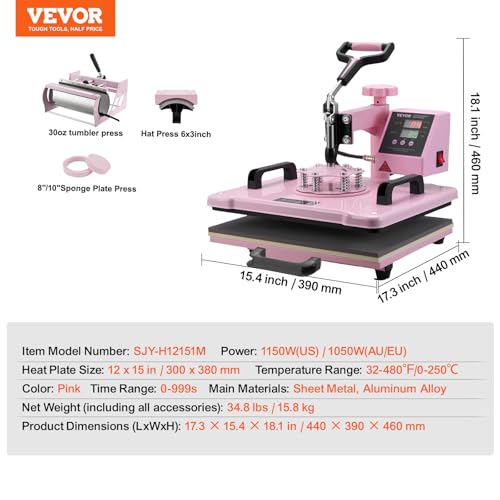 VEVOR Heat Press Machine 5 in 1 Combo with 30 OZ Tumbler Press & Hat Press, Slide Out 12x15 Inch Heat Press Sublimation Machine for T-Shirts, Hats Caps Tumblers Glass Cans Mugs, and Plates (Pink) - Image 4