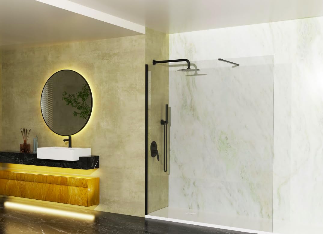 IMEX Mampara Fija de Ducha - SCREEN PRO Panel de Ducha con Vidrio Templado, Perfil de Aluminio, Barra de Soporte y Sellado EVA, Instalación de Pared, Diseño Moderno. (NEGRO MATE, 160 cm)