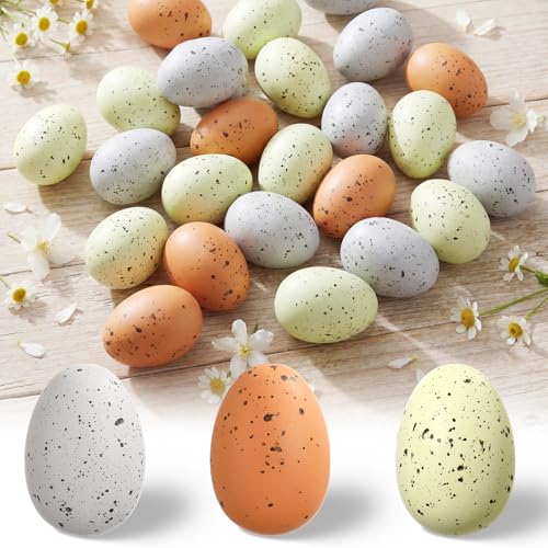 Beeveer 60 Pcs Pastel Easter Speckled Eggs 2.4 in Plastic Speckled Eggs with Pulp Cartons Vase Filler Bowl Basket for DIY Spring Easter Rustic Decor DIY Game Kitchen Craft Adornment(Classic Colors)