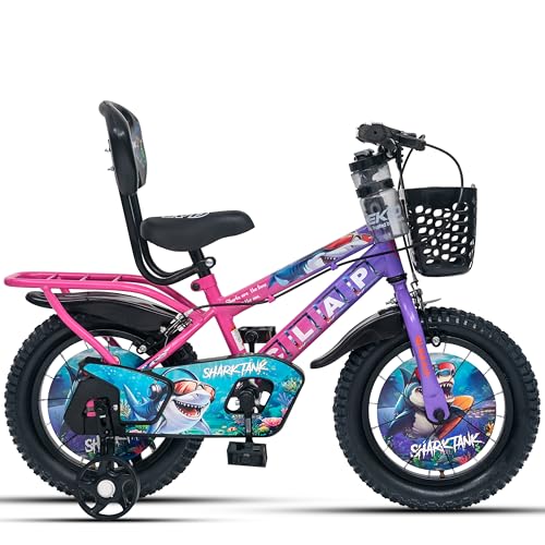 Image of Shark Tank 14T Kids Bicycle for Boys & Girls with Inbuilt Carrier, Front Basket, PU Soft Seat, Full Chain Cover & Stylish Wheelcards (Purple /Pink)