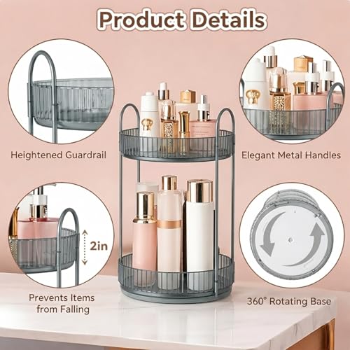 Image of JD FRESH 360 Degree Rotating Makeup Organizer 2 Layer Cosmetic Storage Box Vanity Stand with Drawers for Lipsticks Skincare Perfume Bathroom Countertop Dressing Table Organizer (Light Grey)