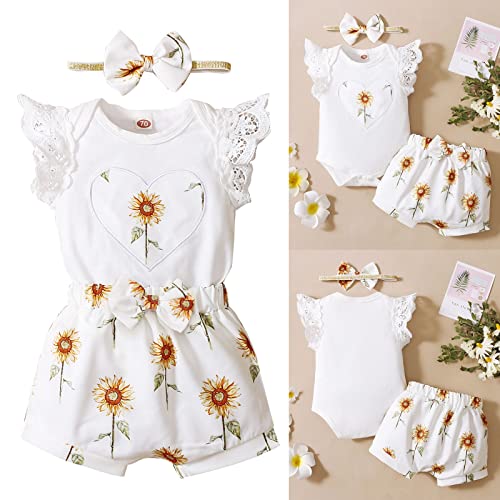 Shorts de verão estilo manga curta meninas primavera e outono girassol bordado amor top shorts bebê