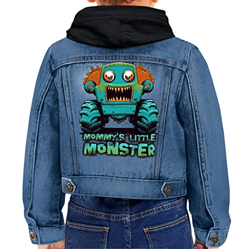 Monster Graphic Toddler Hooded Denim Jacket - Cartoon Truck Jean Jacket - Themed Denim Jacket for Kids