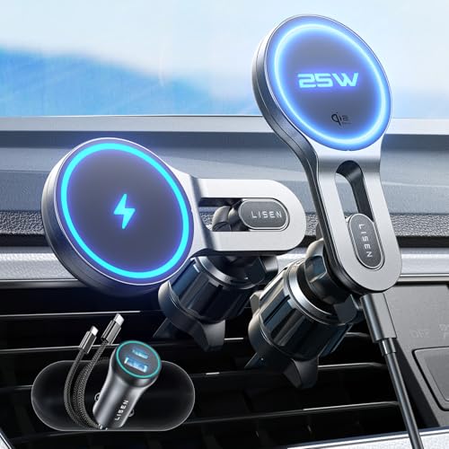 LISEN for Qi2.2 25W MagSafe Car Mount Charger, [Stable & Fast Charging] Magnetic Wireless Car Charger, Car Phone Holder Charger Fits iPhone 17 Pro Max Plus Air 16/15/14/13/12 Series,Pixel 10 Pro XL