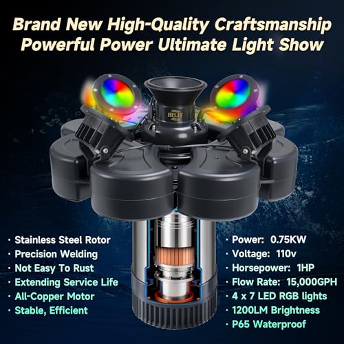Image of RELIY Pond Fountain Aerator, With 4 RGB Lights 1HP 110V 15000 GPH Stainless Steel Fountain Pump, Fully Automatic Powerful Lake Floating Fountain, 100 FT Power Cord, Programmable Timer Switch