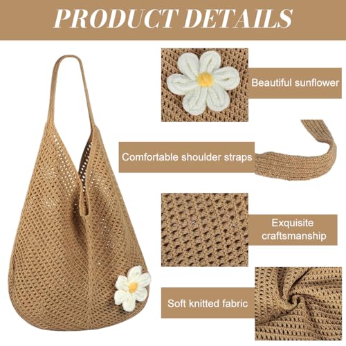 Image of PALAY Tote Bag for Woman Crochet Mesh Beach Shoulder Bags with Flower Brooch Summer Vacation Knitted Bag for Women Shoulder