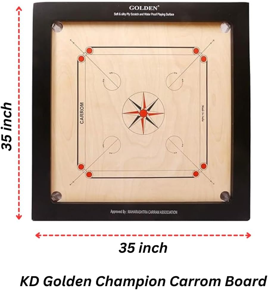 KD Willmax Golden Carrom Board Game Board Champion Bulldog Jumbo English Ply Wood Board with Coin, Striker & Cover, AICF Approved Used in National & International Tournament (36mm, Jumbo)
