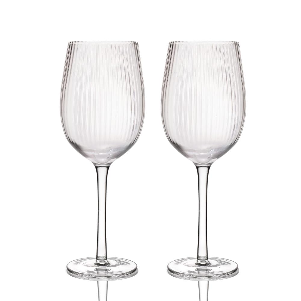 Barcraft Transparent Ribbed Wine Glasses, Set Of 2 Patterned Glasses In Gift Box, 450Ml Large
