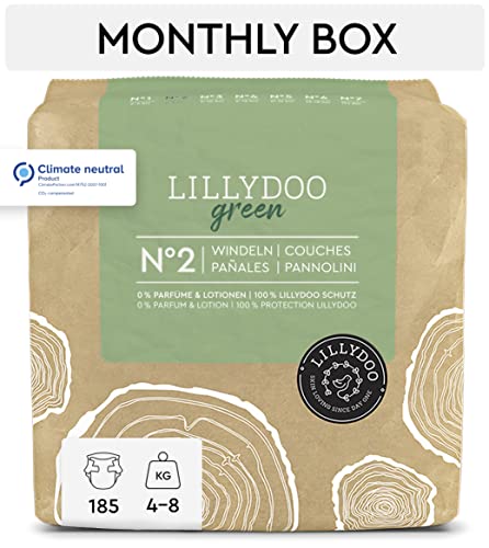 Pañales LILLYDOO green con un impacto ambiental reducido, Talla 2 (4-8 kg), 185 pañales, PACK AHORRO
