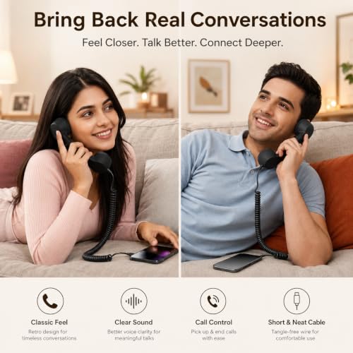 Image of Street27 Retro Phone Handset Compatible with Type-C Smartphones, Tablets & Computers, Corded Telephone Receiver with Noise Reduction, Volume Control & Answer Button for Calls and Meetings (Black)