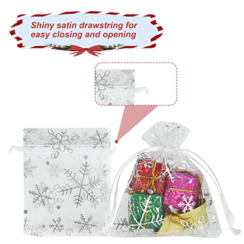 Image of HRX Package 100pcs Snowflake Organza Gift Bags Christmas 3x4 inch, Small White Mesh Jewelry Pouches Little Drawstring Candy Bags