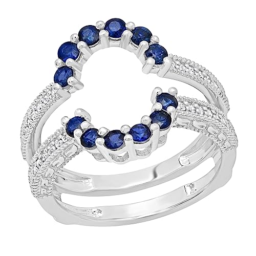 Dazzlingrock Collection Round Blue Sapphire & White Diamond Ladies Enhancer Curved Double Guard Matching Wedding Band | 925 Sterling Silver