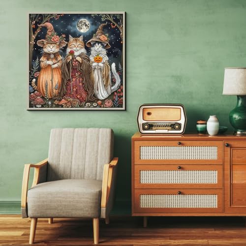 Rompecabezas para adultos de 1000 piezas: gatos brujas fantásticos con flores, escena mágica de otoño con calabaza y gatitos miniatura 6